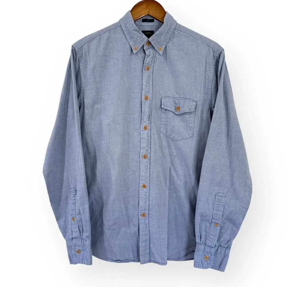 J Crew Slim Fit Herringbone Shirt Mens M Blue Long Sleeve Button Up Cotton